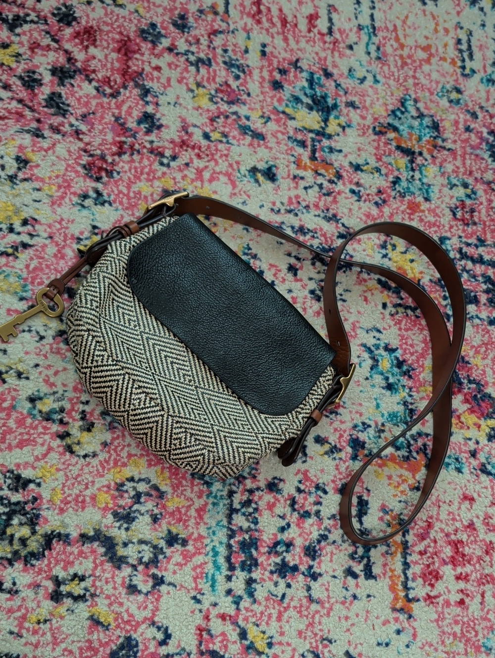 Fossil Black Leather Flap Woven Cream Crossbody with Brown Strap